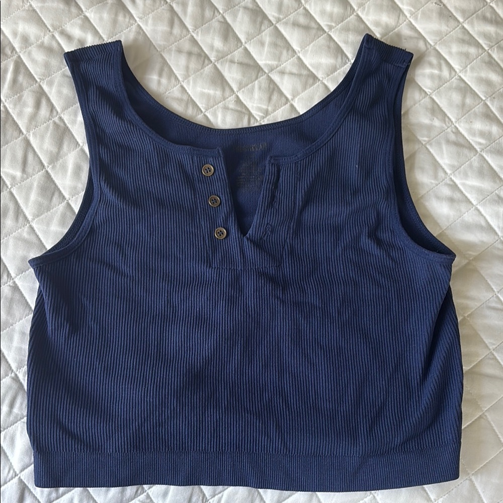 Buckle Blue Buttoned Crop Tank Top